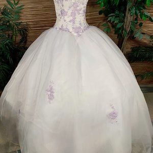White Tulle Strapless Ballgown With Purple Embroidery and Shawl Small-Medium
